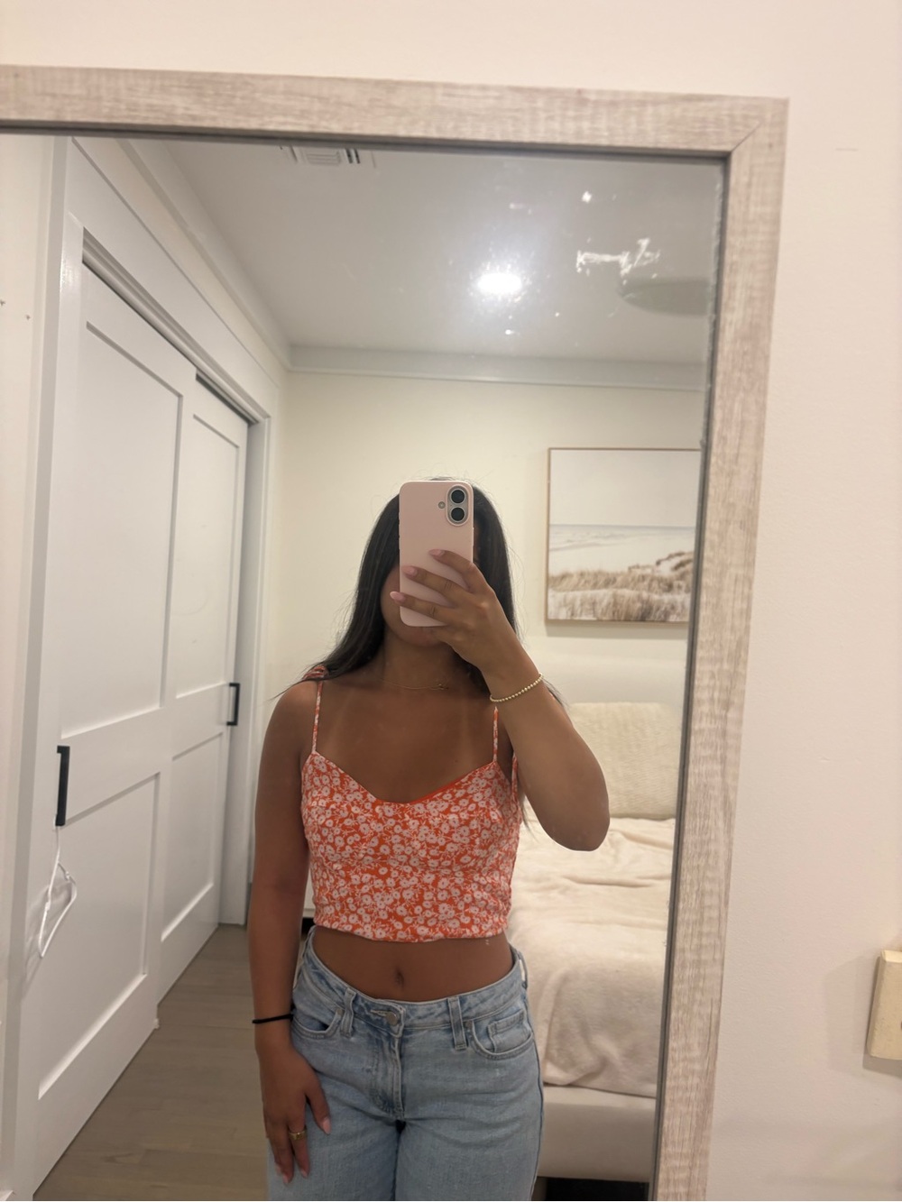 Orange Floral Spaghetti Strap Crop Top